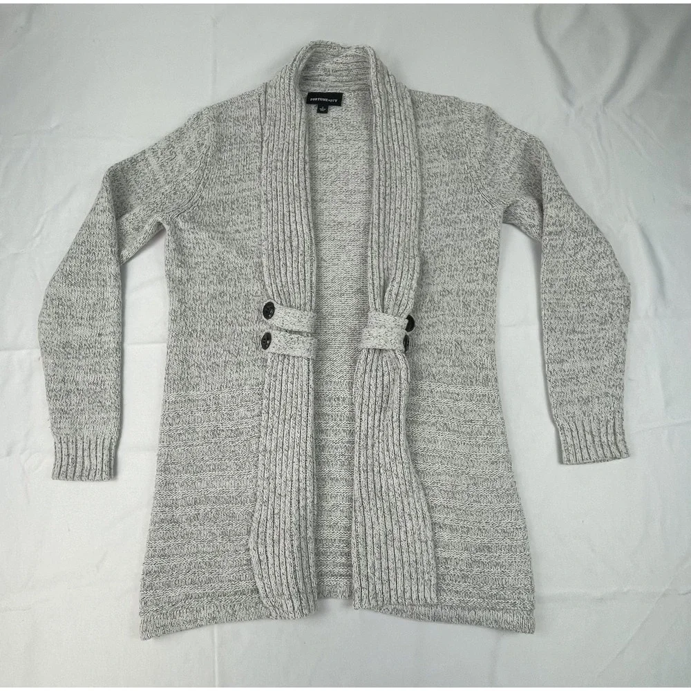 FORTUNE + IVY WOMENS OPEN FRONT CARDIGAN SWEATER GRAY SHAWL COLLAR SIZE S